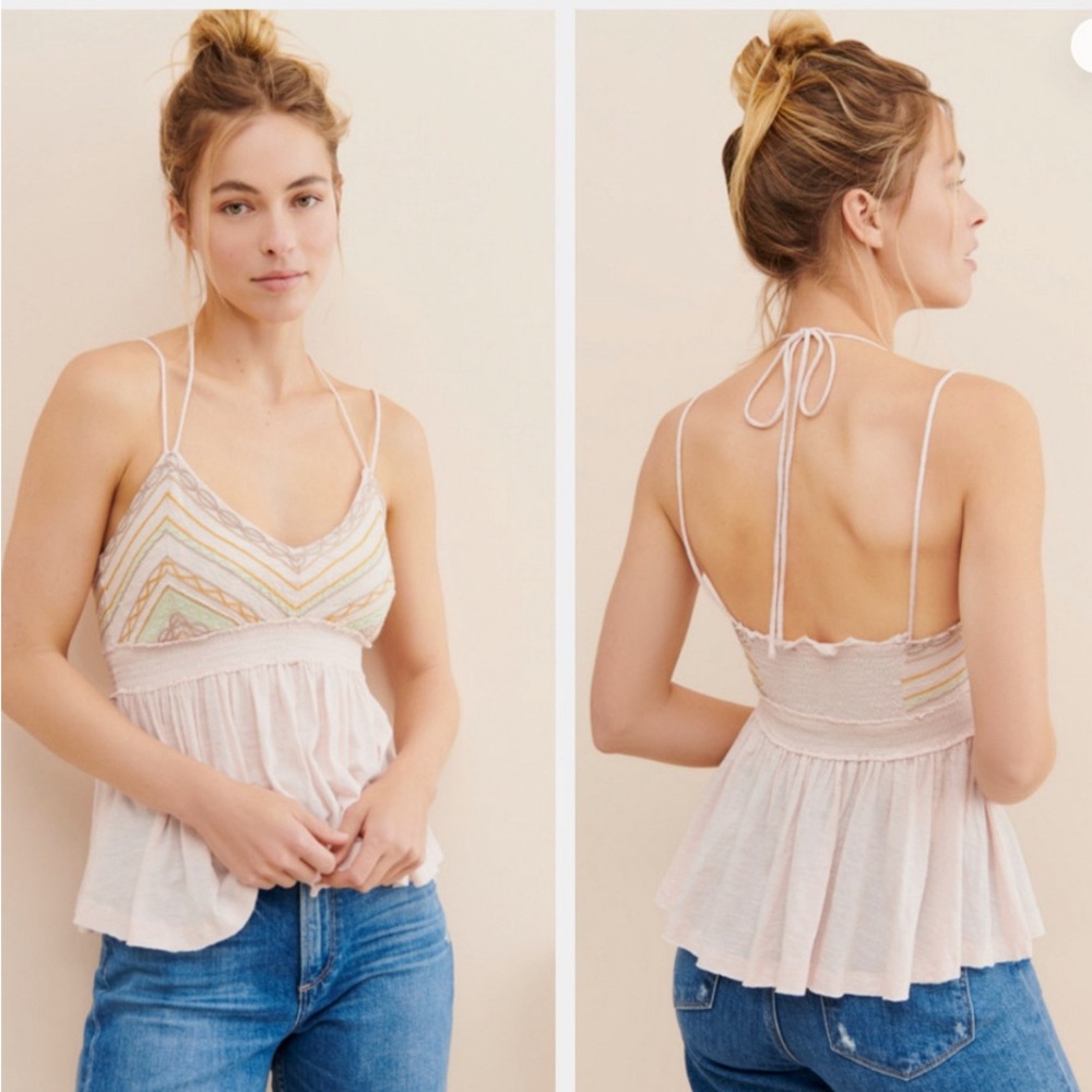 Free People Well Traveled Strappy Pink Embroidered Linen Cotton Tank Large
